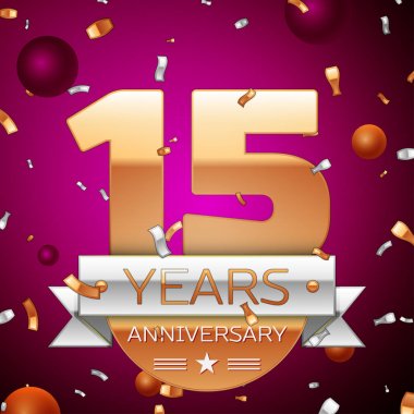 Gerçekçi on beş yıl yıldönümü kutlama tasarım. Golden numaraları ve gümüş şerit, mor zemin üzerine konfeti. Doğum günü partin için renkli vektör şablon öğeleri