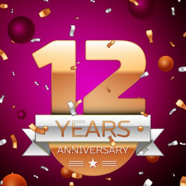 Gerçekçi on iki yıl yıldönümü kutlama tasarım. Golden numaraları ve gümüş şerit, mor zemin üzerine konfeti. Doğum günü partin için renkli vektör şablon öğeleri
