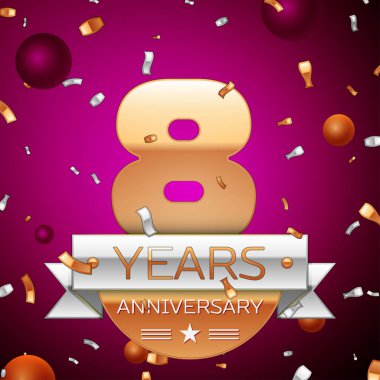 Gerçekçi sekiz yıl yıldönümü kutlama tasarım. Golden numaraları ve gümüş şerit, mor zemin üzerine konfeti. Doğum günü partin için renkli vektör şablon öğeleri