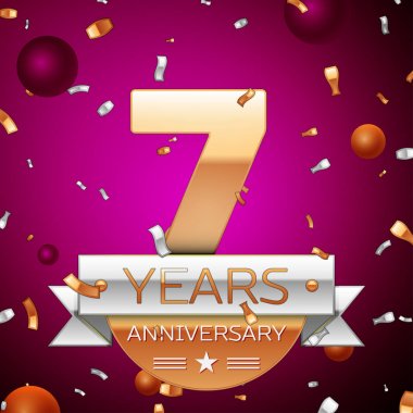 Gerçekçi yedi yıl yıldönümü kutlama tasarım. Golden numaraları ve gümüş şerit, mor zemin üzerine konfeti. Doğum günü partin için renkli vektör şablon öğeleri