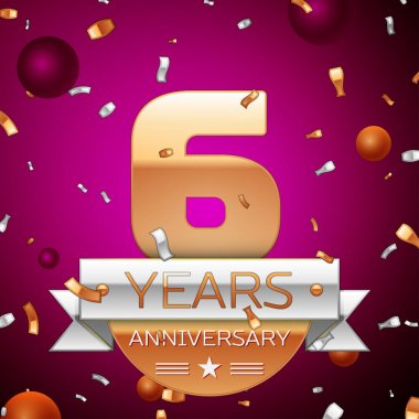 Gerçekçi altı yıl yıldönümü kutlama tasarım. Golden numaraları ve gümüş şerit, mor zemin üzerine konfeti. Doğum günü partin için renkli vektör şablon öğeleri