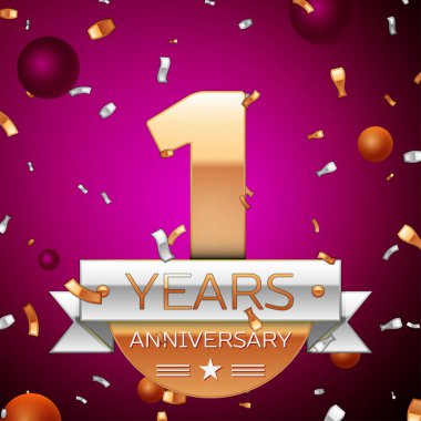 Gerçekçi bir yıl yıldönümü kutlama tasarım. Golden numaraları ve gümüş şerit, mor zemin üzerine konfeti. Doğum günü partin için renkli vektör şablon öğeleri