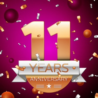 Gerçekçi on bir yıl yıldönümü kutlama tasarım. Golden numaraları ve gümüş şerit, mor zemin üzerine konfeti. Doğum günü partin için renkli vektör şablon öğeleri
