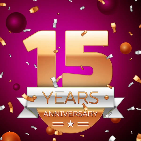 Gerçekçi on beş yıl yıldönümü kutlama tasarım. Golden numaraları ve gümüş şerit, mor zemin üzerine konfeti. Doğum günü partin için renkli vektör şablon öğeleri