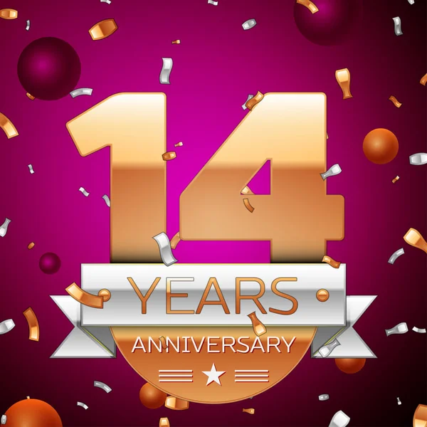 Gerçekçi on dört yıl yıldönümü kutlama tasarım. Golden numaraları ve gümüş şerit, mor zemin üzerine konfeti. Doğum günü partin için renkli vektör şablon öğeleri