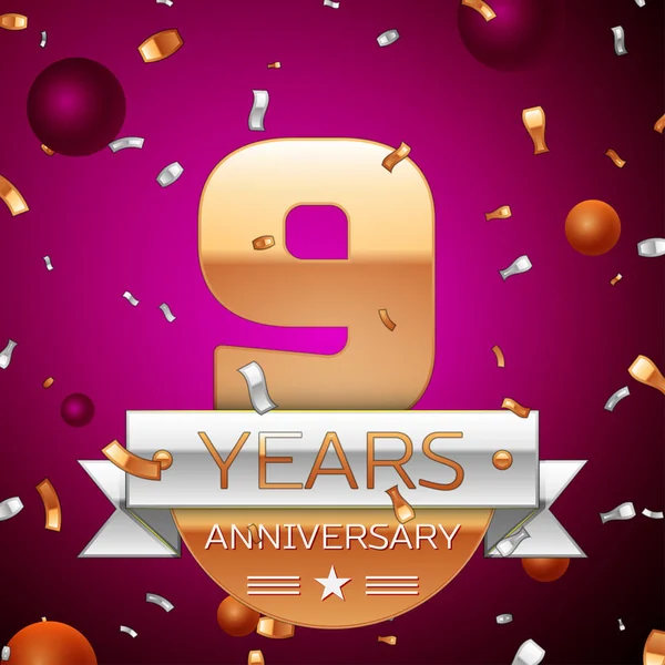 Gerçekçi dokuz yıl yıldönümü kutlama tasarım. Golden numaraları ve gümüş şerit, mor zemin üzerine konfeti. Doğum günü partin için renkli vektör şablon öğeleri