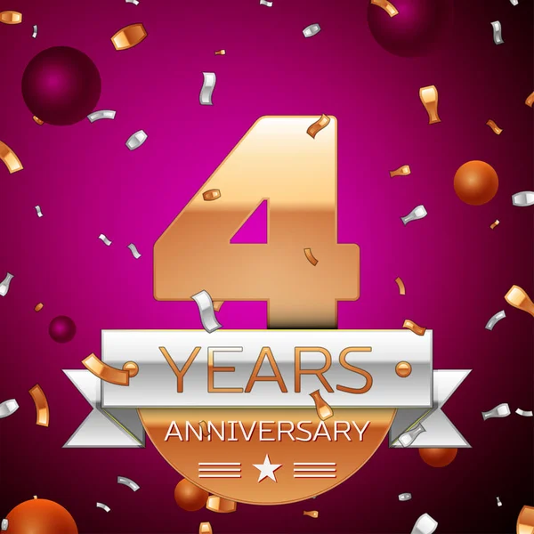 Realistic Four Years Anniversary Celebration Design. Golden numbers and silver ribbon, confetti on purple background. Colorful Vector template elements for your birthday party — Stock Vector