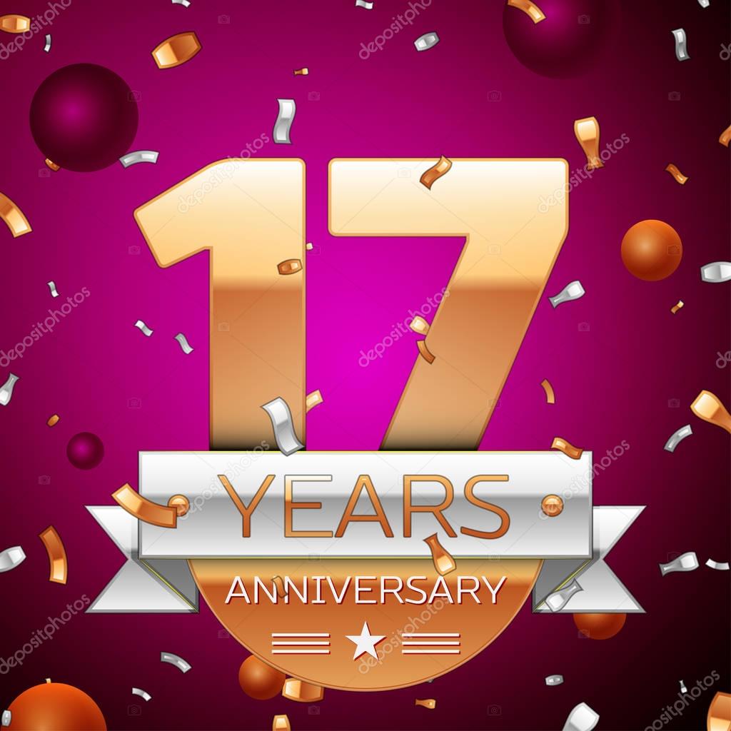 Realistic Seventeen Years Anniversary Celebration Design. Golden numbers and silver ribbon, confetti on purple background. Colorful Vector template elements for your birthday party