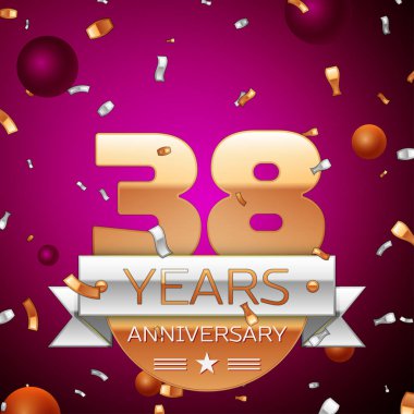 Gerçekçi otuz sekiz yıl yıldönümü kutlama tasarım. Golden numaraları ve gümüş şerit, mor zemin üzerine konfeti. Doğum günü partin için renkli vektör şablon öğeleri
