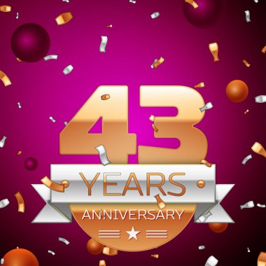 Gerçekçi kırk üç yıl yıldönümü kutlama tasarım. Golden numaraları ve gümüş şerit, mor zemin üzerine konfeti. Doğum günü partin için renkli vektör şablon öğeleri