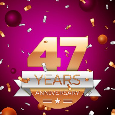 Gerçekçi kırk yedi yıl yıldönümü kutlama tasarım. Golden numaraları ve gümüş şerit, mor zemin üzerine konfeti. Doğum günü partin için renkli vektör şablon öğeleri