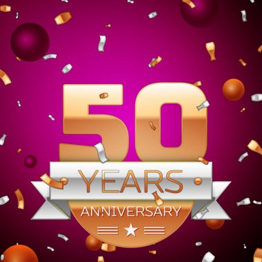 Gerçekçi elli yıl yıldönümü kutlama tasarım. Golden numaraları ve gümüş şerit, mor zemin üzerine konfeti. Doğum günü partin için renkli vektör şablon öğeleri