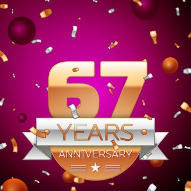 Gerçekçi altmış yedi yıl yıldönümü kutlama tasarım. Golden numaraları ve gümüş şerit, mor zemin üzerine konfeti. Doğum günü partin için renkli vektör şablon öğeleri