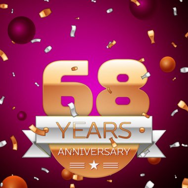 Gerçekçi Altmış sekiz yıl yıldönümü kutlama tasarım. Golden numaraları ve gümüş şerit, mor zemin üzerine konfeti. Doğum günü partin için renkli vektör şablon öğeleri