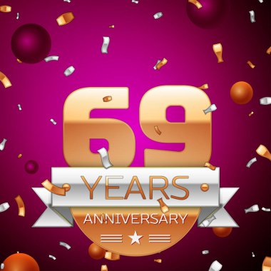 Gerçekçi Altmış dokuz yıl yıldönümü kutlama tasarım. Golden numaraları ve gümüş şerit, mor zemin üzerine konfeti. Doğum günü partin için renkli vektör şablon öğeleri
