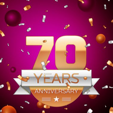 Gerçekçi yetmiş yıl yıldönümü kutlama tasarım. Golden numaraları ve gümüş şerit, mor zemin üzerine konfeti. Doğum günü partin için renkli vektör şablon öğeleri