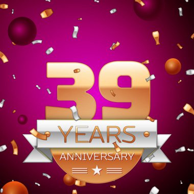Gerçekçi otuz dokuz yıl yıldönümü kutlama tasarım. Golden numaraları ve gümüş şerit, mor zemin üzerine konfeti. Doğum günü partin için renkli vektör şablon öğeleri