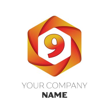 Gerçekçi dokuz numaralı vektör logo simge renkli beyaz zemin üzerine altıgen. Tasarımınız için vektör şablonu