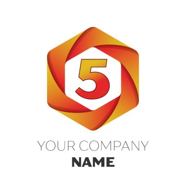 Gerçekçi beş numaralı vektör logo simge renkli beyaz zemin üzerine altıgen. Tasarımınız için vektör şablonu