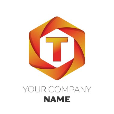 Gerçekçi mektup T vektör logo simge renkli beyaz zemin üzerine altıgen. Tasarımınız için vektör şablonu
