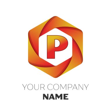 Gerçekçi harf P vektör logo simge renkli beyaz zemin üzerine altıgen. Tasarımınız için vektör şablonu