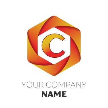 Gerçekçi harf C vektör logo simge renkli beyaz zemin üzerine altıgen. Tasarımınız için vektör şablonu