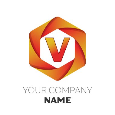 Gerçekçi harf V vektör logo simge renkli beyaz zemin üzerine altıgen. Tasarımınız için vektör şablonu