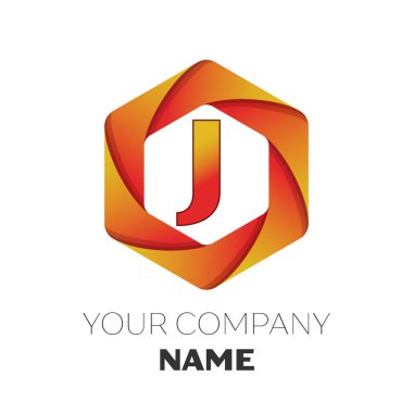 Gerçekçi harf J vektör logo simge renkli beyaz zemin üzerine altıgen. Tasarımınız için vektör şablonu