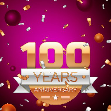 Gerçekçi yüz yıl yıldönümü kutlama tasarım. Golden numaraları ve gümüş şerit, mor zemin üzerine konfeti. Doğum günü partin için renkli vektör şablon öğeleri