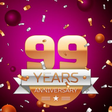 Gerçekçi doksan dokuz yıl yıldönümü kutlama tasarım. Golden numaraları ve gümüş şerit, mor zemin üzerine konfeti. Doğum günü partin için renkli vektör şablon öğeleri