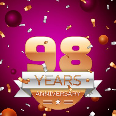 Gerçekçi doksan sekiz yıl yıldönümü kutlama tasarım. Golden numaraları ve gümüş şerit, mor zemin üzerine konfeti. Doğum günü partin için renkli vektör şablon öğeleri