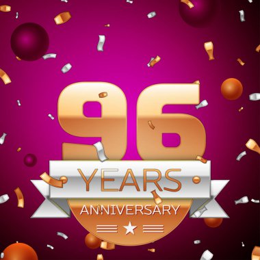 Gerçekçi doksan altı yıl yıldönümü kutlama tasarım. Golden numaraları ve gümüş şerit, mor zemin üzerine konfeti. Doğum günü partin için renkli vektör şablon öğeleri