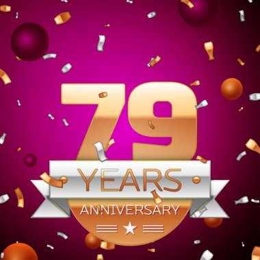 Gerçekçi yetmiş dokuz yıl yıldönümü kutlama tasarım. Golden numaraları ve gümüş şerit, mor zemin üzerine konfeti. Doğum günü partin için renkli vektör şablon öğeleri