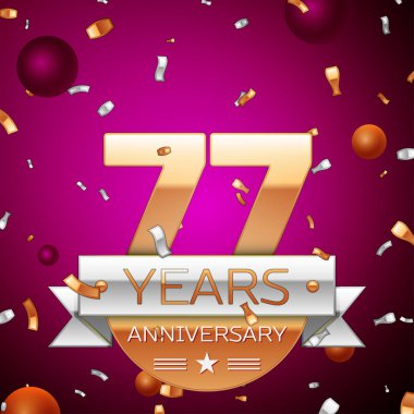 Gerçekçi yetmiş yedi yıl yıldönümü kutlama tasarım. Golden numaraları ve gümüş şerit, mor zemin üzerine konfeti. Doğum günü partin için renkli vektör şablon öğeleri