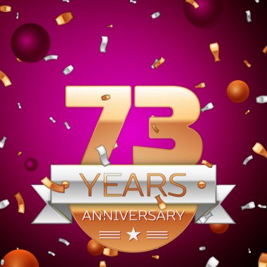 Gerçekçi yetmiş üç yıl yıldönümü kutlama tasarım. Golden numaraları ve gümüş şerit, mor zemin üzerine konfeti. Doğum günü partin için renkli vektör şablon öğeleri