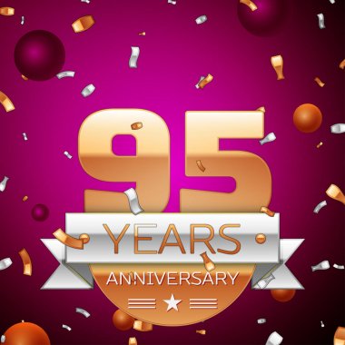 Gerçekçi doksan beş yıl yıldönümü kutlama tasarım. Golden numaraları ve gümüş şerit, mor zemin üzerine konfeti. Doğum günü partin için renkli vektör şablon öğeleri