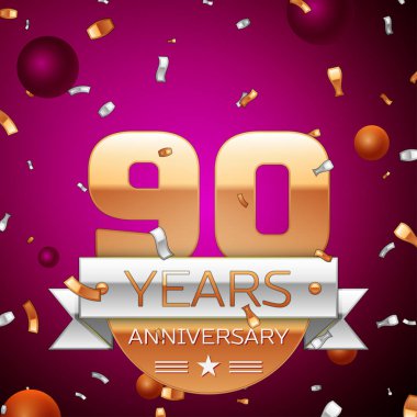 Gerçekçi doksan yıl yıldönümü kutlama tasarım. Golden numaraları ve gümüş şerit, mor zemin üzerine konfeti. Doğum günü partin için renkli vektör şablon öğeleri