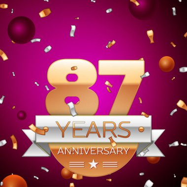 Gerçekçi seksen yedi yıl yıldönümü kutlama tasarım. Golden numaraları ve gümüş şerit, mor zemin üzerine konfeti. Doğum günü partin için renkli vektör şablon öğeleri