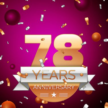 Gerçekçi yetmiş sekiz yıl yıldönümü kutlama tasarım. Golden numaraları ve gümüş şerit, mor zemin üzerine konfeti. Doğum günü partin için renkli vektör şablon öğeleri