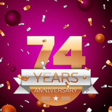 Gerçekçi Yetmiş dört yıl yıldönümü kutlama tasarım. Golden numaraları ve gümüş şerit, mor zemin üzerine konfeti. Doğum günü partin için renkli vektör şablon öğeleri