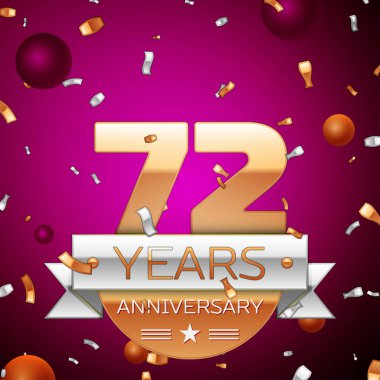 Gerçekçi yetmiş iki yıl yıldönümü kutlama tasarım. Golden numaraları ve gümüş şerit, mor zemin üzerine konfeti. Doğum günü partin için renkli vektör şablon öğeleri