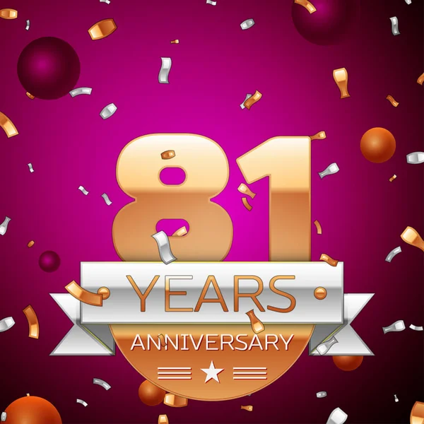 Gerçekçi seksen bir yıl yıldönümü kutlama tasarım. Golden numaraları ve gümüş şerit, mor zemin üzerine konfeti. Doğum günü partin için renkli vektör şablon öğeleri