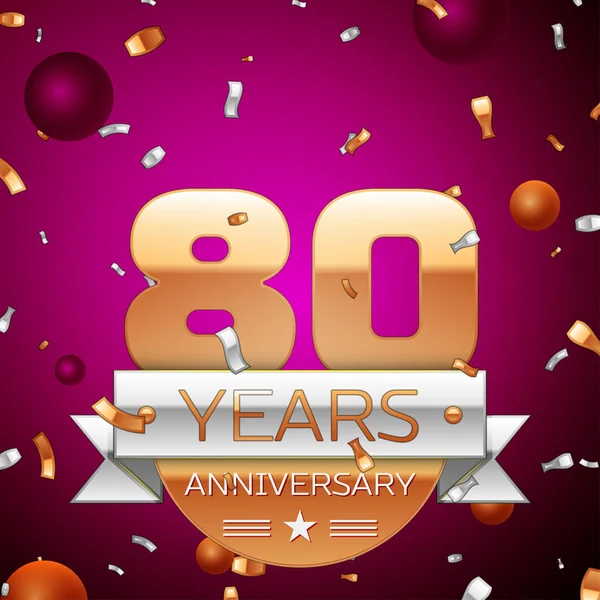 Gerçekçi seksen yıl yıldönümü kutlama tasarım. Golden numaraları ve gümüş şerit, mor zemin üzerine konfeti. Doğum günü partin için renkli vektör şablon öğeleri