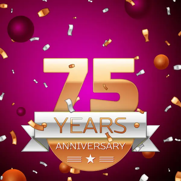Gerçekçi yetmiş beş yıl yıldönümü kutlama tasarım. Golden numaraları ve gümüş şerit, mor zemin üzerine konfeti. Doğum günü partin için renkli vektör şablon öğeleri