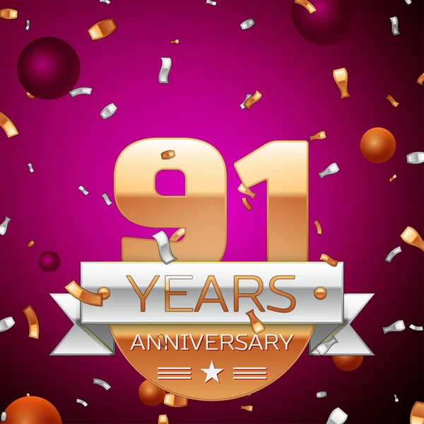 Gerçekçi doksan bir yıl yıldönümü kutlama tasarım. Golden numaraları ve gümüş şerit, mor zemin üzerine konfeti. Doğum günü partin için renkli vektör şablon öğeleri