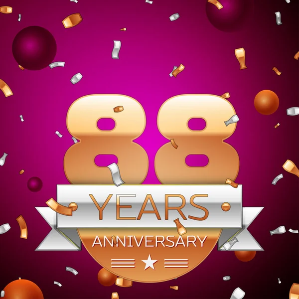 Gerçekçi seksen sekiz yıl yıldönümü kutlama tasarım. Golden numaraları ve gümüş şerit, mor zemin üzerine konfeti. Doğum günü partin için renkli vektör şablon öğeleri