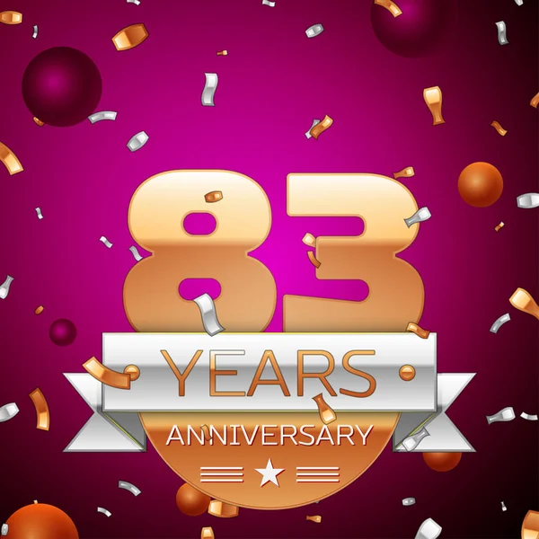 Gerçekçi seksen üç yıl yıldönümü kutlama tasarım. Golden numaraları ve gümüş şerit, mor zemin üzerine konfeti. Doğum günü partin için renkli vektör şablon öğeleri