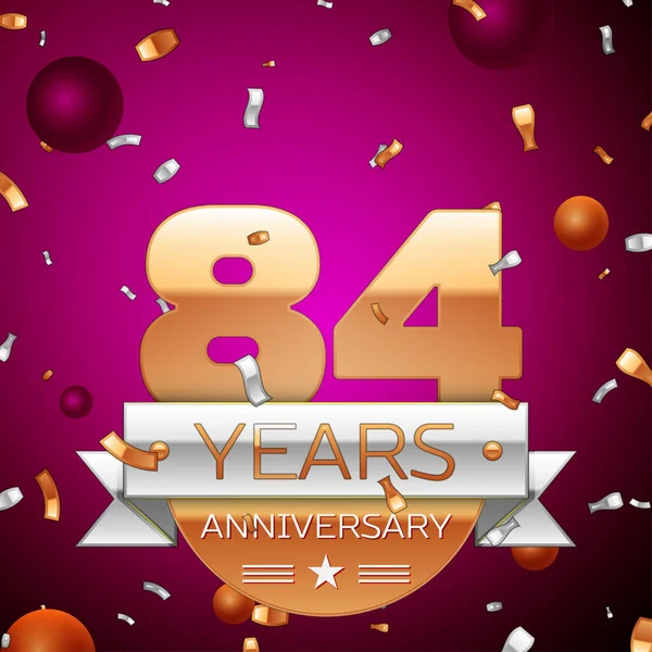 Gerçekçi seksen dört yıl yıldönümü kutlama tasarım. Golden numaraları ve gümüş şerit, mor zemin üzerine konfeti. Doğum günü partin için renkli vektör şablon öğeleri