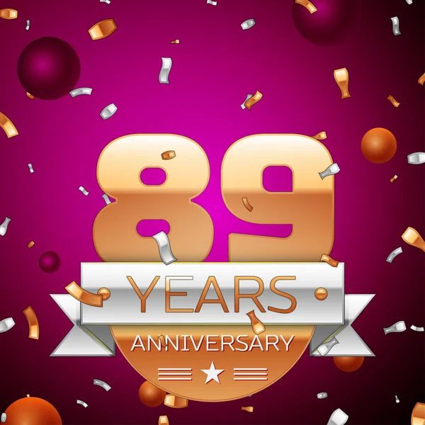 Gerçekçi seksen dokuz yıl yıldönümü kutlama tasarım. Golden numaraları ve gümüş şerit, mor zemin üzerine konfeti. Doğum günü partin için renkli vektör şablon öğeleri