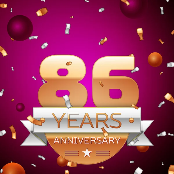 Gerçekçi seksen altı yıl yıldönümü kutlama tasarım. Golden numaraları ve gümüş şerit, mor zemin üzerine konfeti. Doğum günü partin için renkli vektör şablon öğeleri